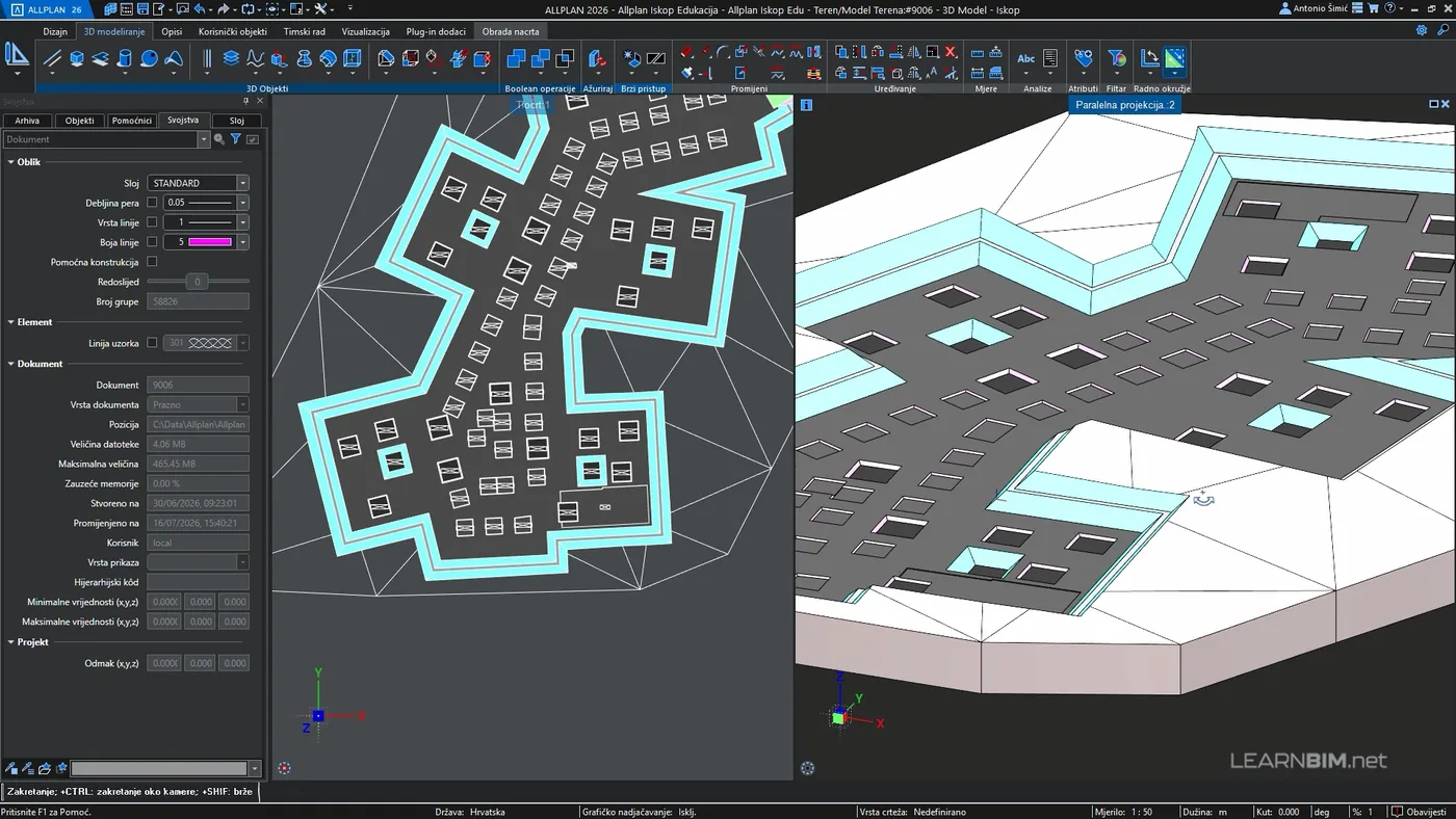 Tlocrt i 3D prikaz modela izrađenog dodatkom Allplan Iskop