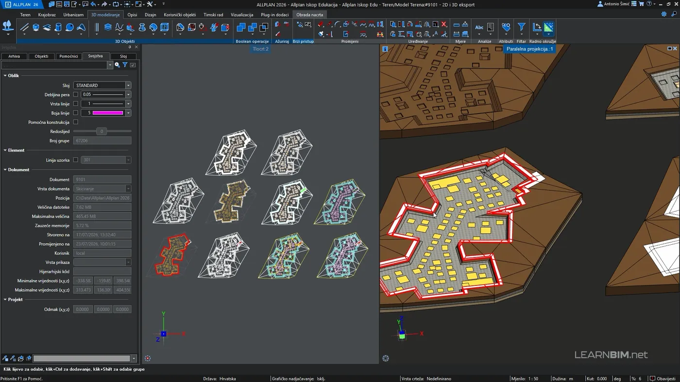 Izvezeni prikazi i 3D tijela različitih elemenata iskopa