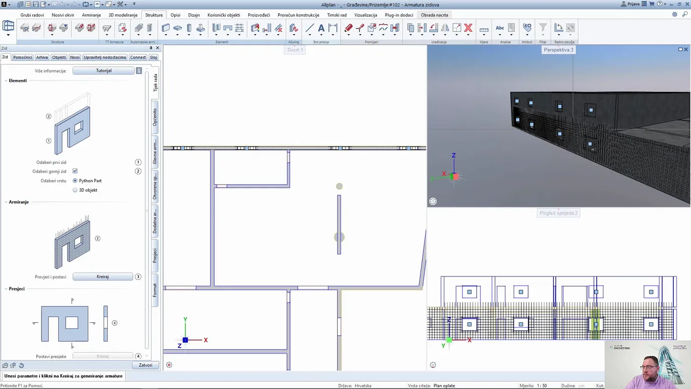 Odabrani zid, automatski prepoznat zid iznad i 3D pretpregled armature u Allplanu