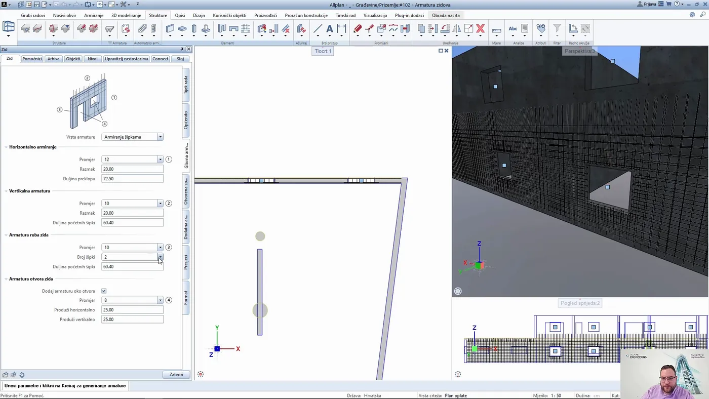 Parametri dodatne armature oko otvora i 3D prikaz zida s otvorom