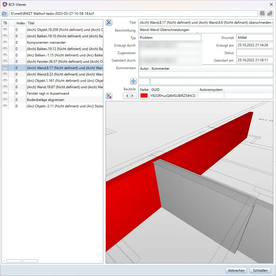 BCF Viewer s popisom zadataka, detaljima i pregledom označenog elementa