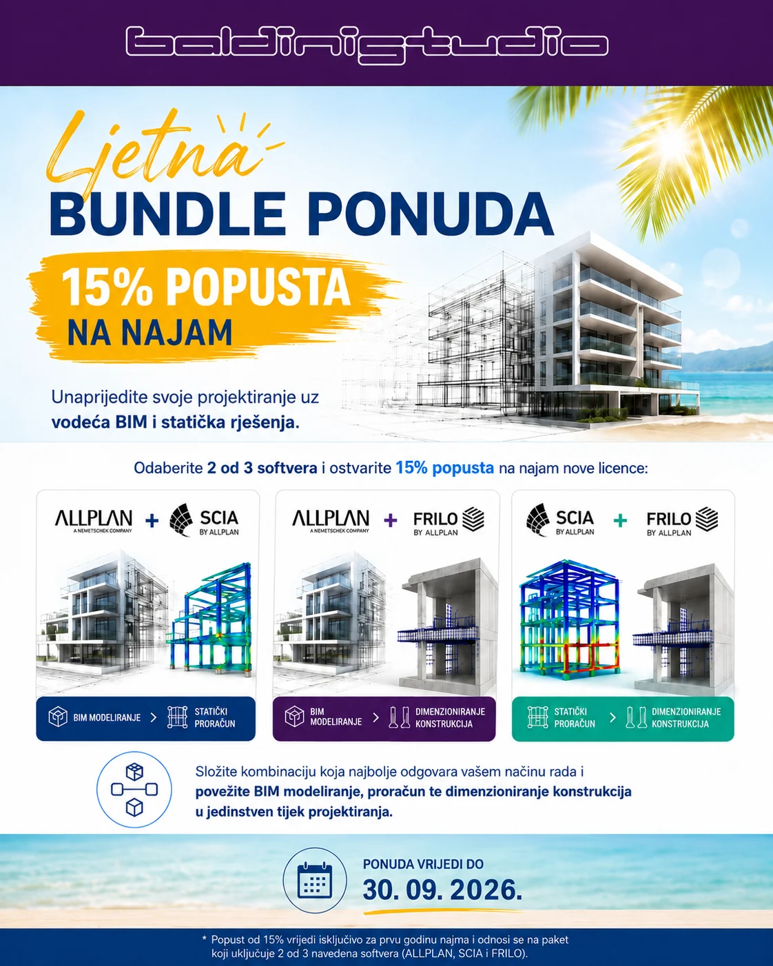 Ljetna Bundle ponuda Baldinistudio: 15% popusta na najam, ALLPLAN, SCIA i FRILO, ponuda vrijedi do 30. 9. 2026.