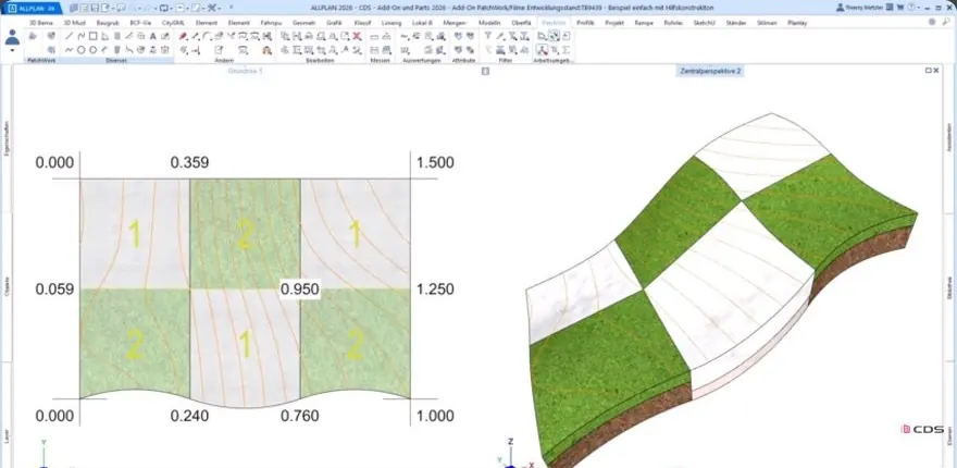 Tlocrt i 3D model površine s kontroliranim visinskim prijelazima