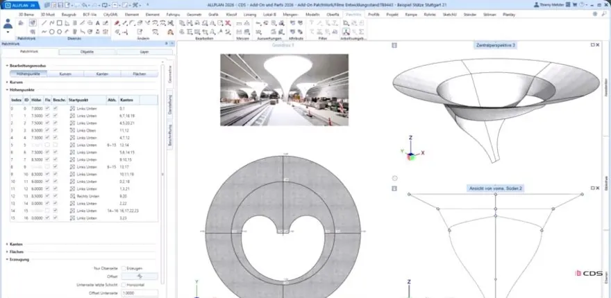 Kružna slobodna geometrija prikazana u tlocrtu, presjeku i 3D-u