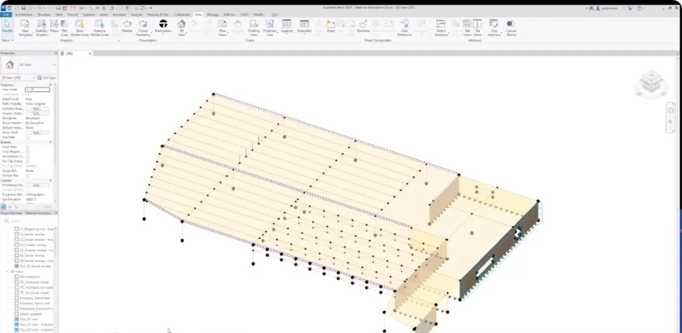 Revit analitički model s 1D članovima, 2D panelima i čvorovima