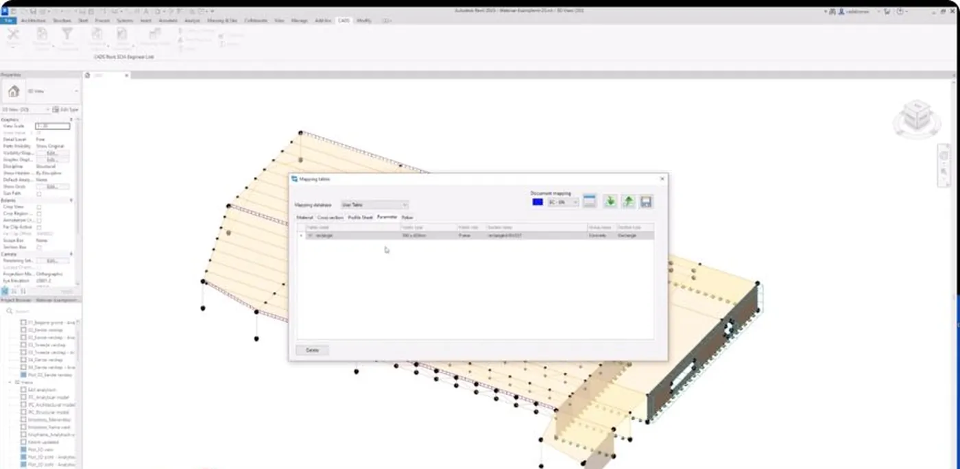 Dijalog za mapiranje Revit materijala i presjeka prema SCIA definicijama