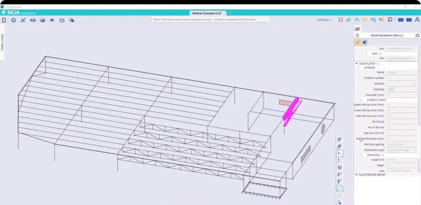 SCIA model s prenesenom geometrijom, otvorima i armaturom